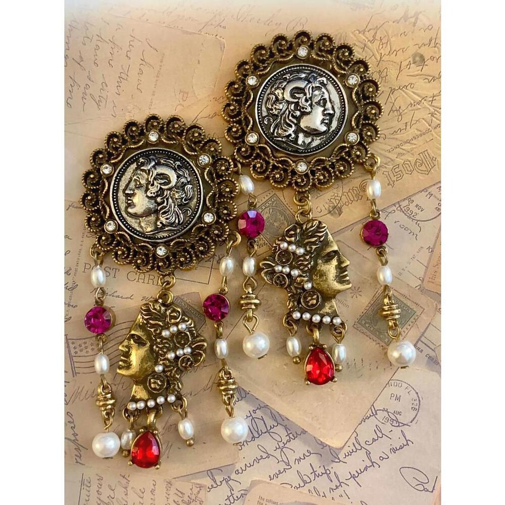 Ornate Greek Coin Medallion Chandelier Earrings Pearl Pink Crystal Brass Dangles